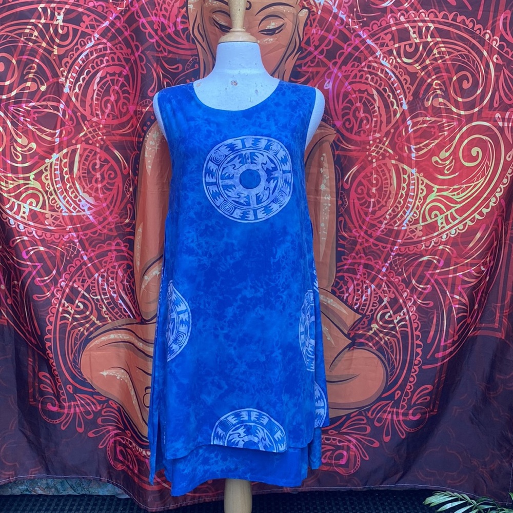 Los Mayas Feminine Blue Mayan Print Tunic Dress - Size Medium